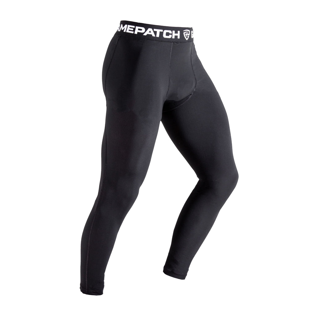 Black compression leggings with a visible brand logo on a white background