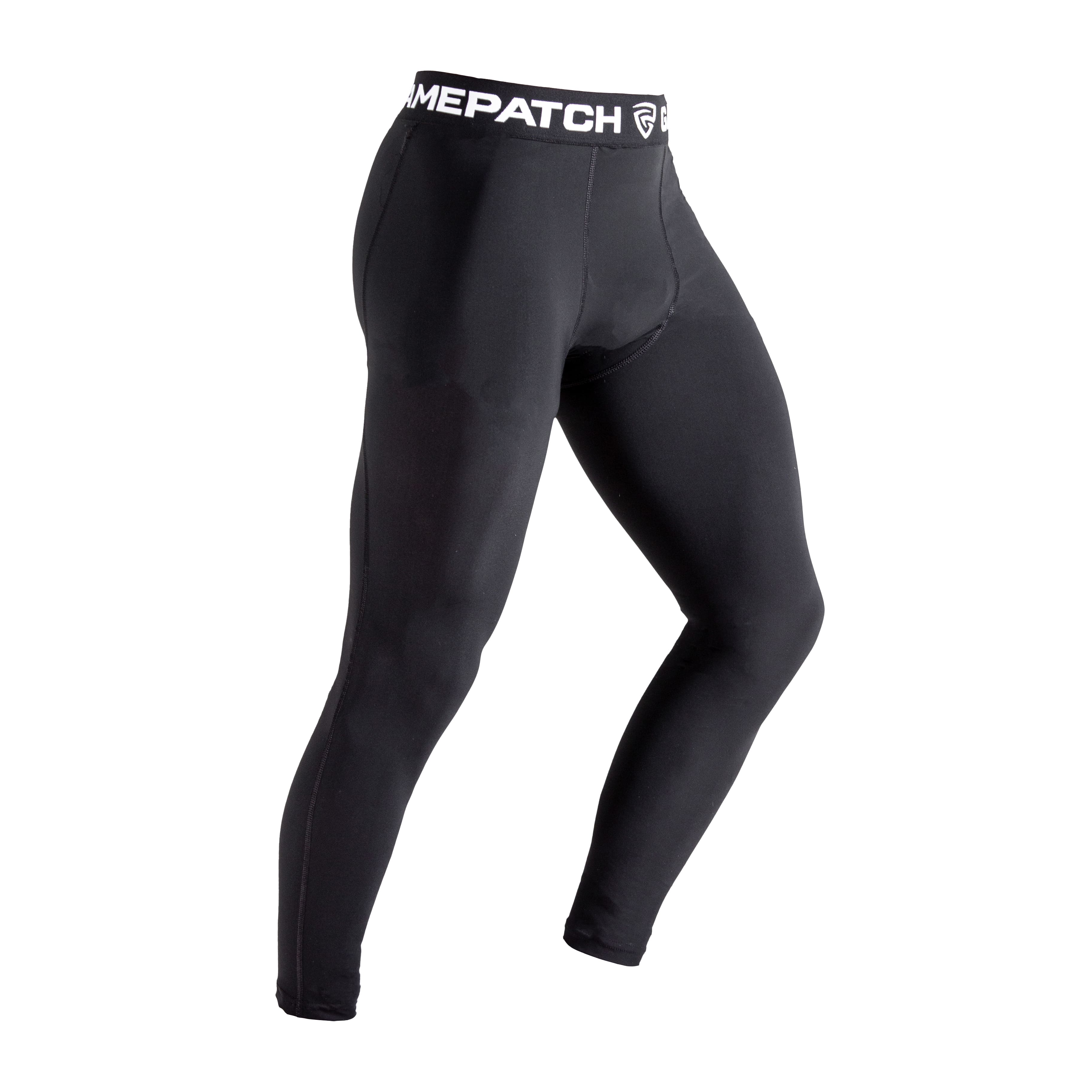 Black compression leggings with a visible brand logo on a white background