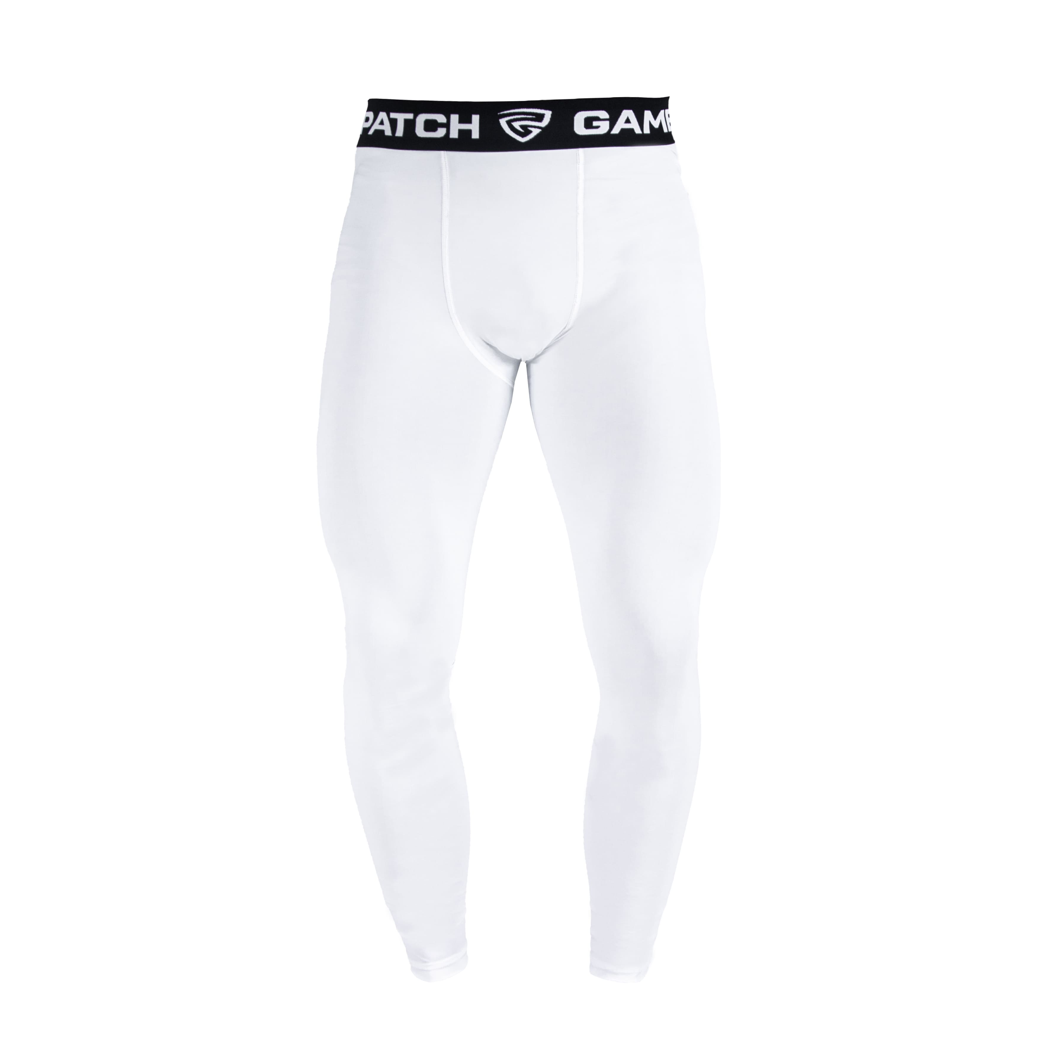 White compression pants with a black waistband on a white background