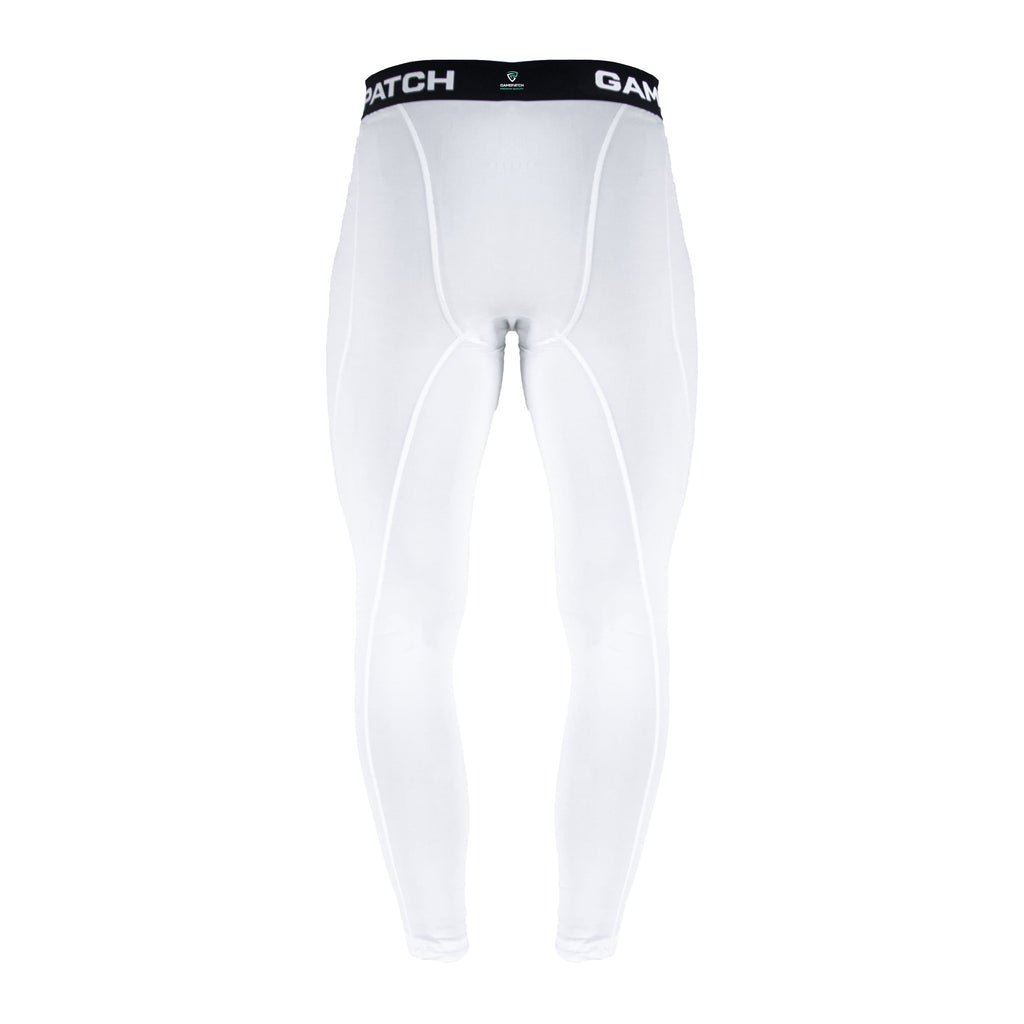 White compression leggings with a black waistband on a white background