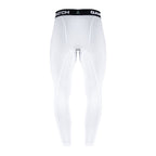 White compression leggings with a black waistband on a white background