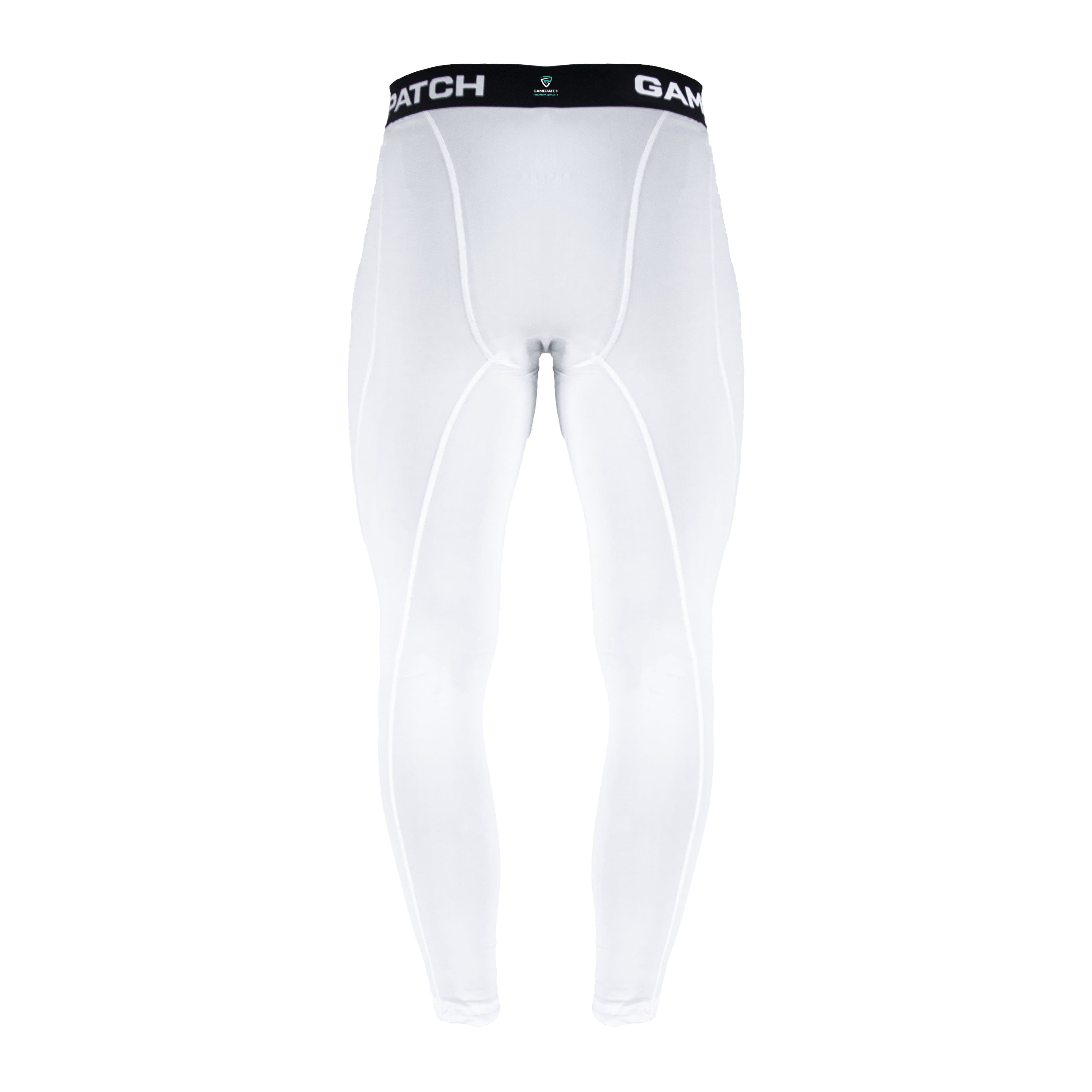 White compression leggings with a black waistband on a white background