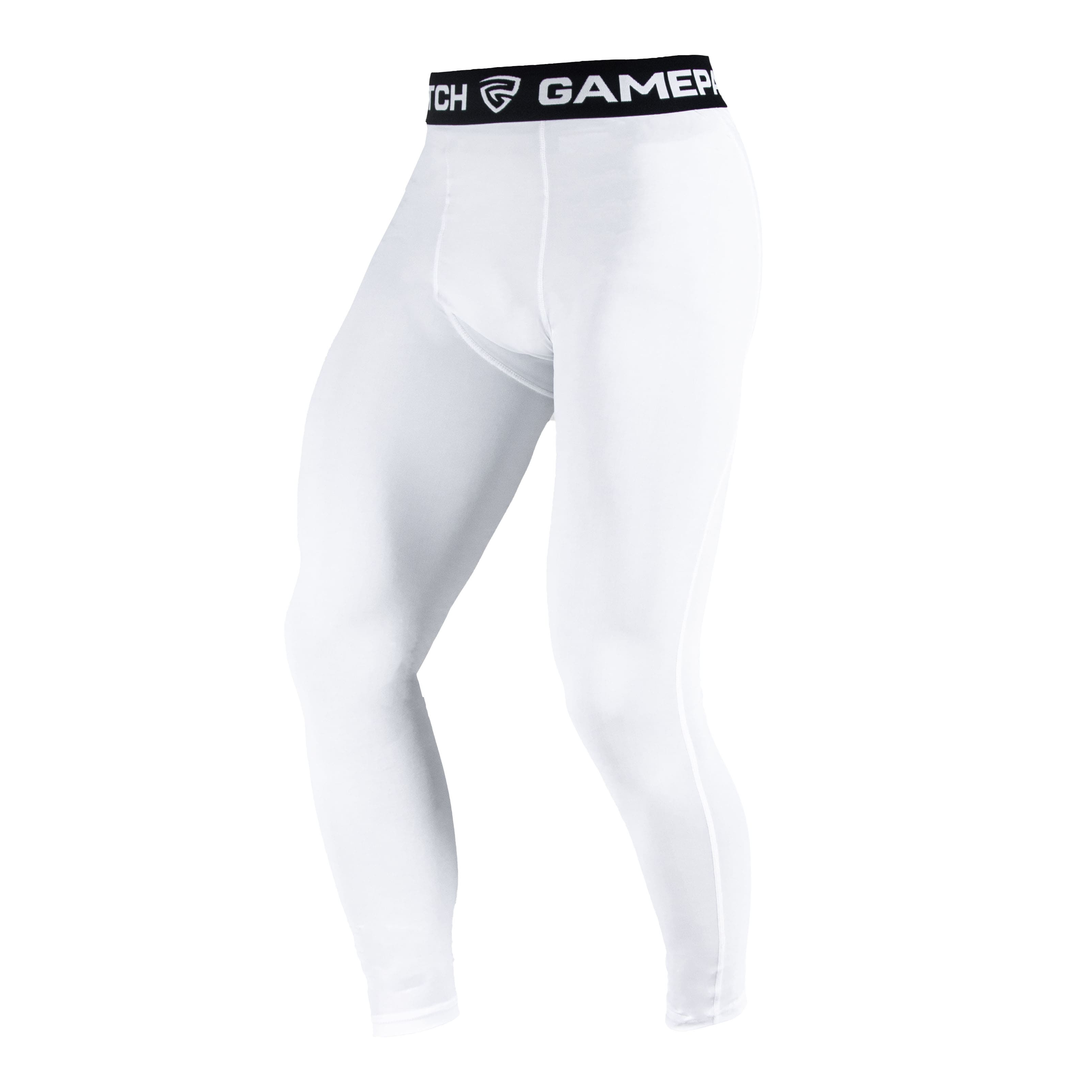 White leggings with a black waistband featuring 'GamePatch' branding on a white background