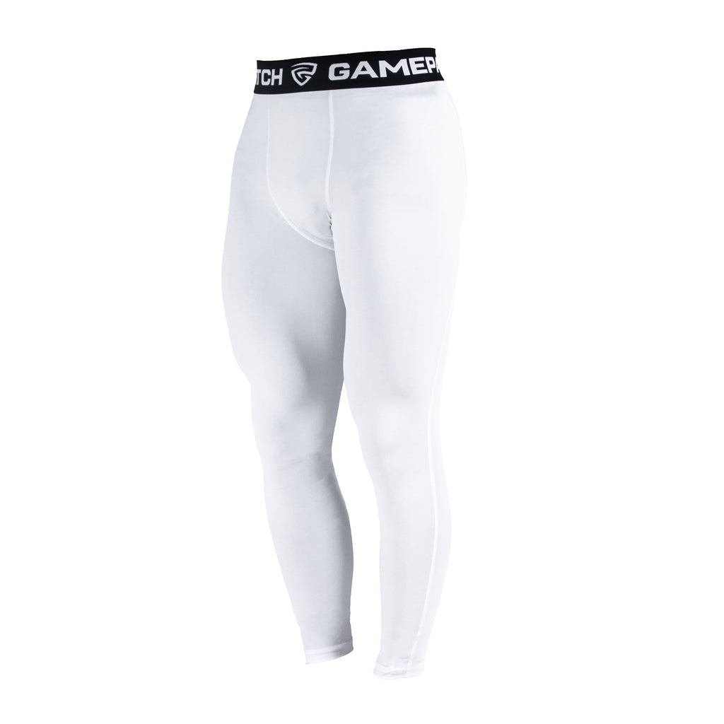 White compression leggings with a black waistband on a white background