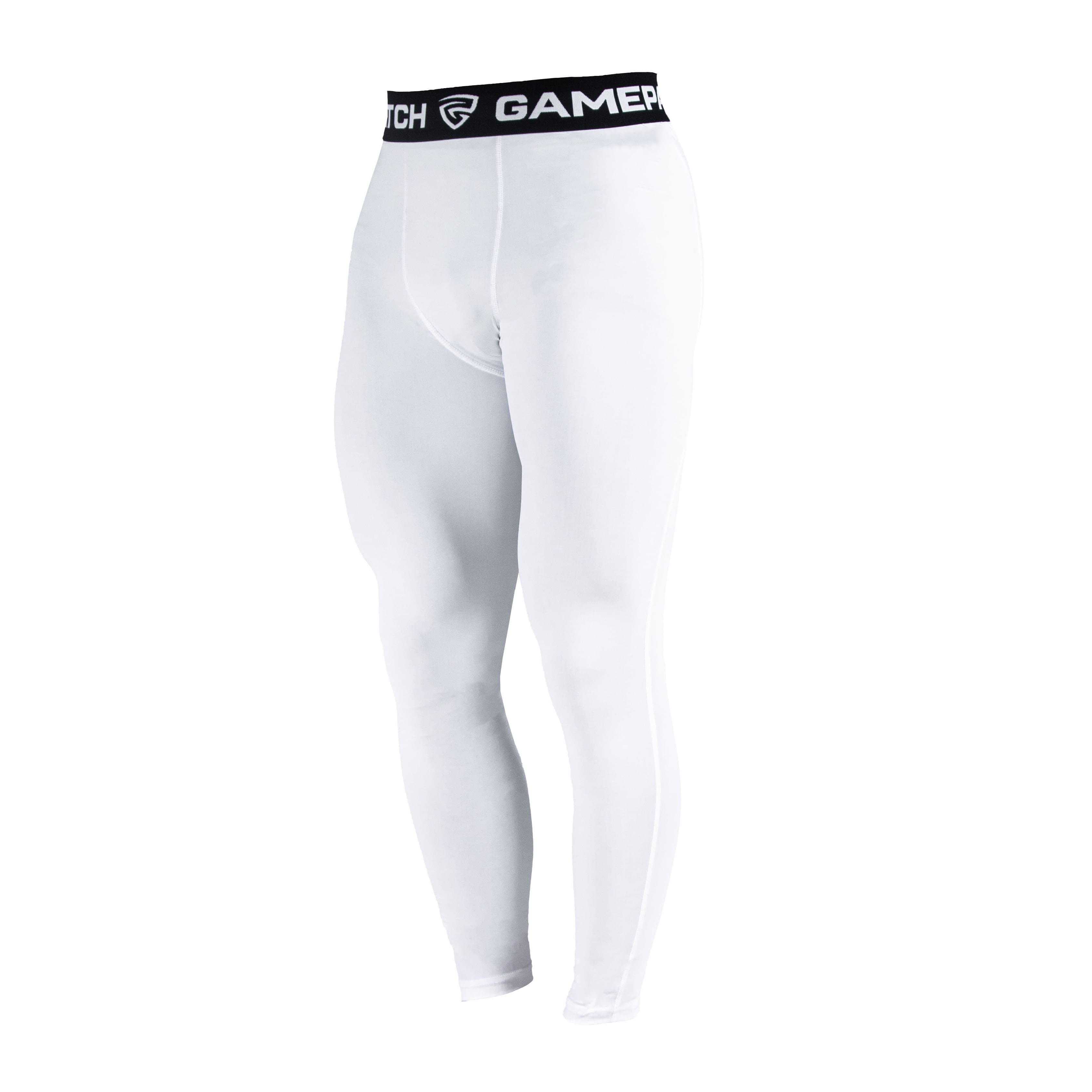 White compression leggings with a black waistband on a white background