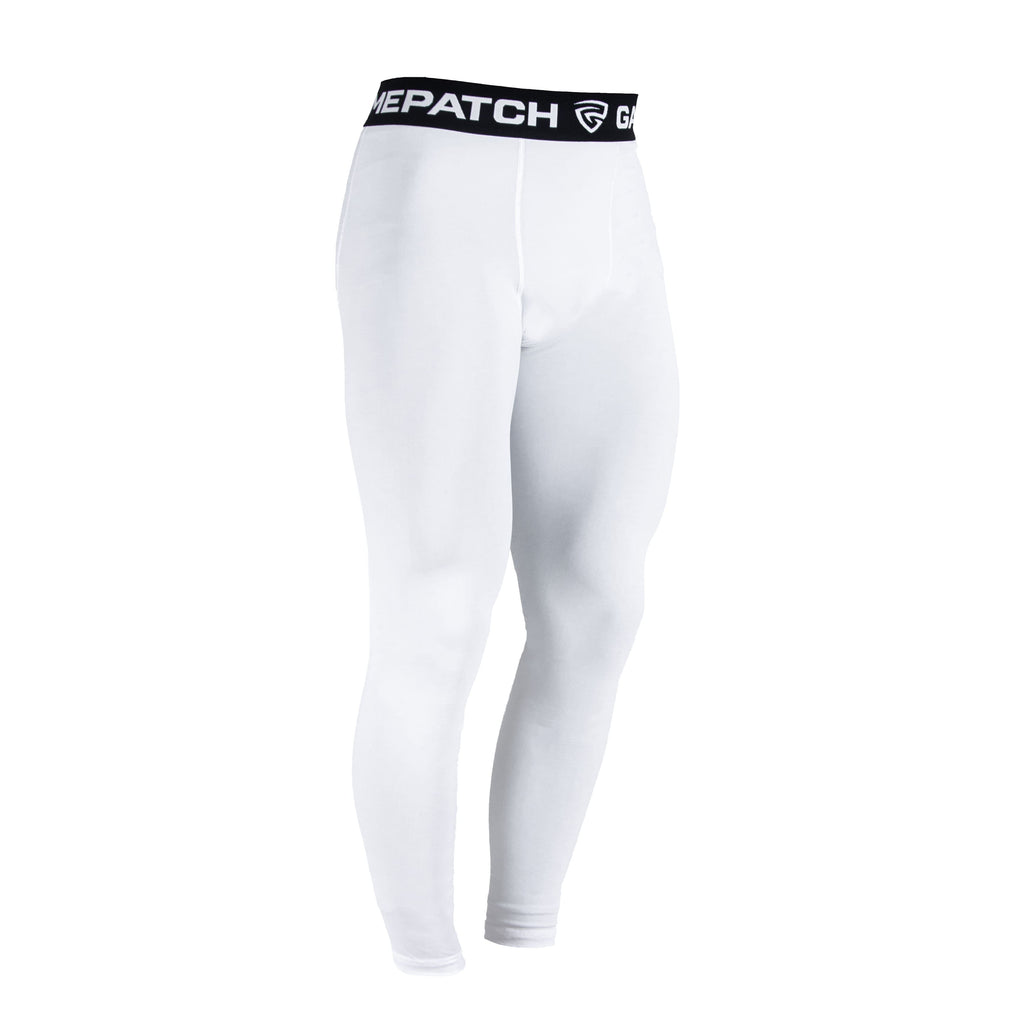 White compression leggings with a black band featuring 'GamePatch' branding on a white background