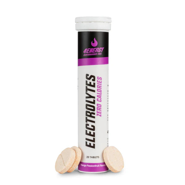 Tube of 4Energy Electrolytes with wooden tablets on a white background