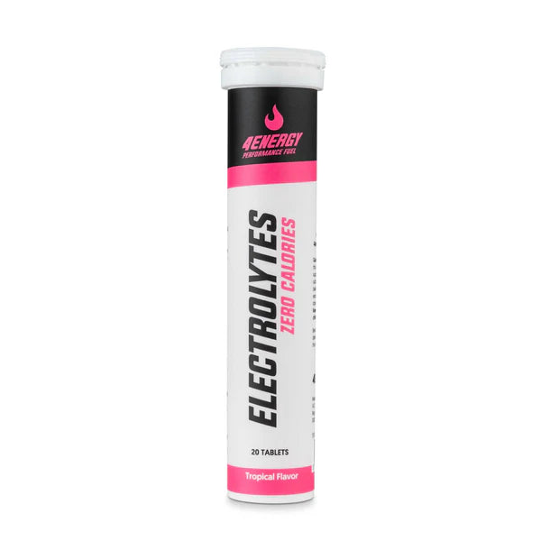 Tube of electrolyte tablets with 4Energy branding on a white background