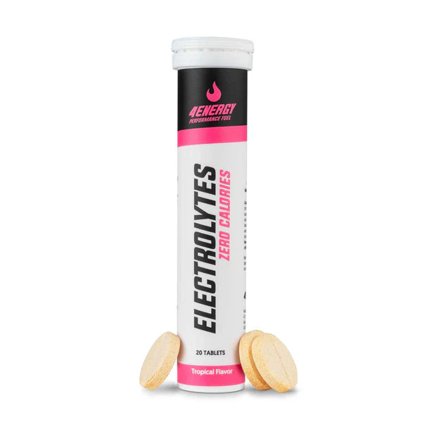 Tube of electrolyte tablets with 4Energy branding on a white background