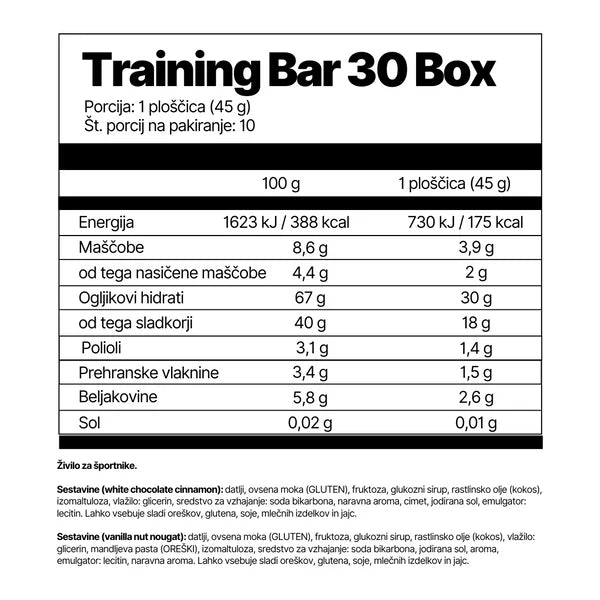 Nutritional information label for a Training Bar 30 Box on a white background