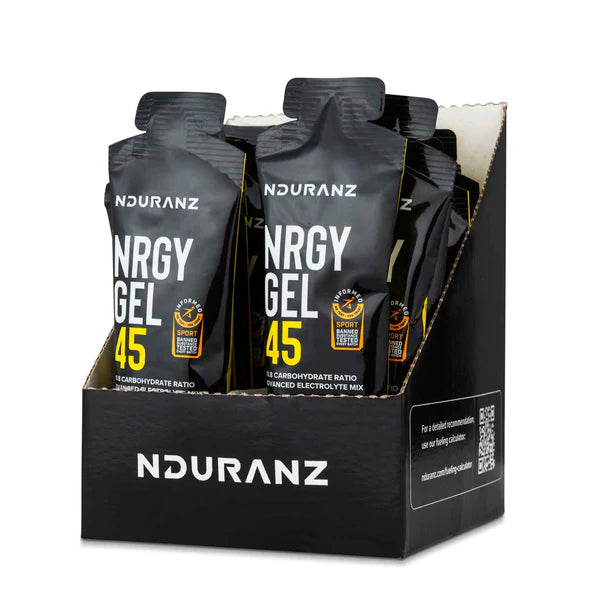 Box of Nduranz ENRGY GEL 45 with multiple gel packets on a white background