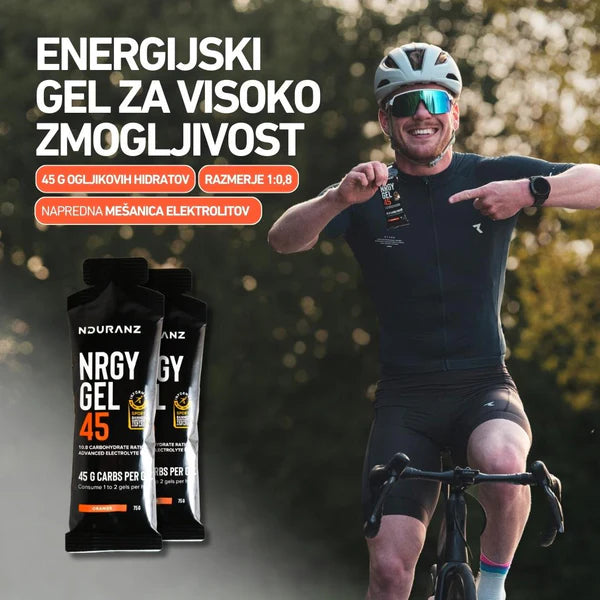 Man on a bicycle pointing to energy gel packages with text about energy gel for high performance.