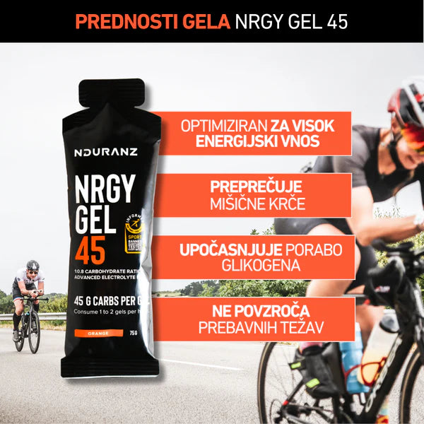Nduranz NRGY Gel 45 supplement packaging with cyclist in the background