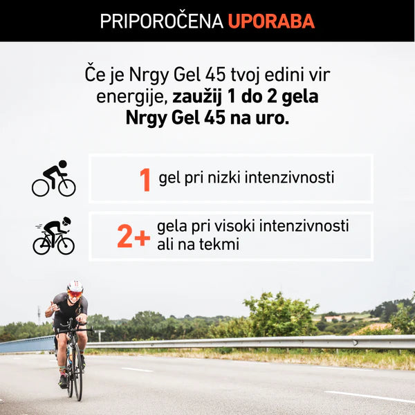 Bicyclist on a road with Nrgy Gel advertisement text overlay