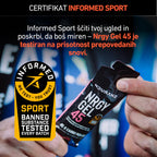 Person holding a Durbanz Nrgy Gel 45 with Informed Sport certification label.