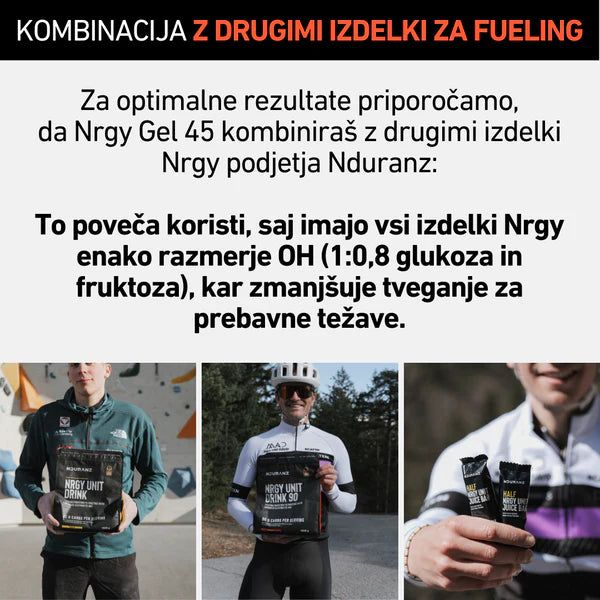 Promotional image for Nrgy Gel 45 with text and people holding the product.