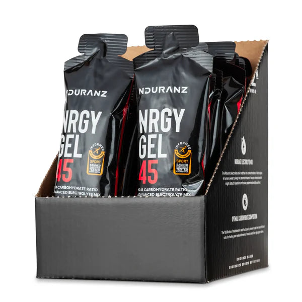 NDURANZ energy gel packages in a display box on a white background