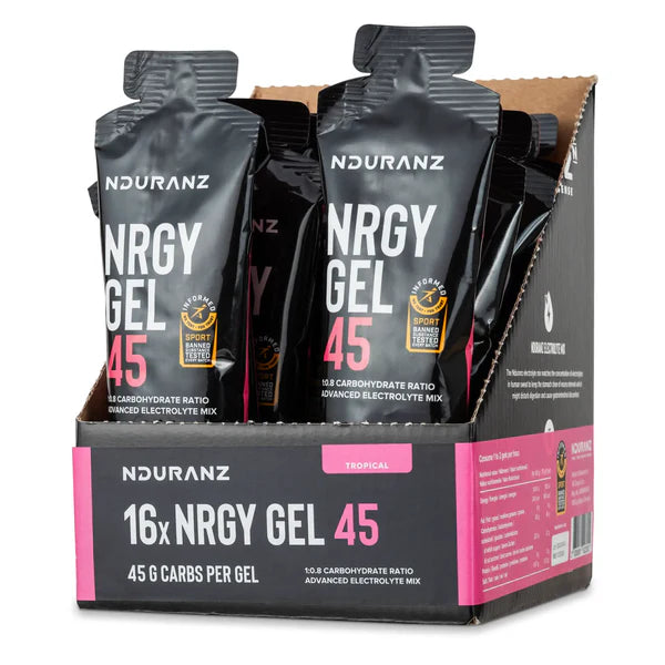 Box of Nduranz NRGY Gel 45 with multiple gel packets inside.