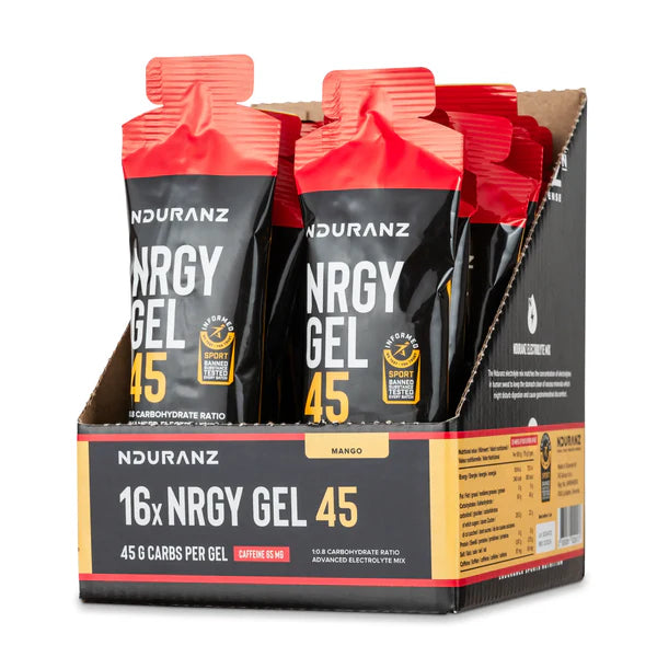 Box of Nduranz NRGY Gel 45 energy gels with red and black packaging.