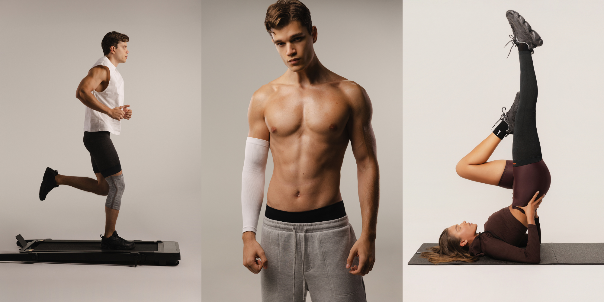 Three images showing a man exercising on a treadmill, another shirtless man standing, and a woman stretching on a mat.