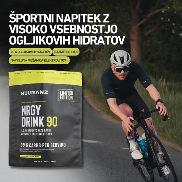 Nouranz NRGY Drink 90 package with a cyclist on a road in the background