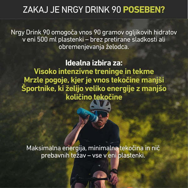 Person on a bicycle drinking from a bottle with text about Nrgy Drink 90 in a natural setting.