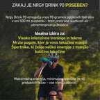 Person on a bicycle drinking from a bottle with text about Nrgy Drink 90 in a natural setting.