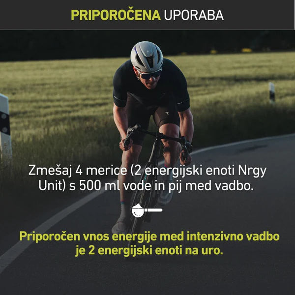 Cyclist on a road with text overlay in a foreign language