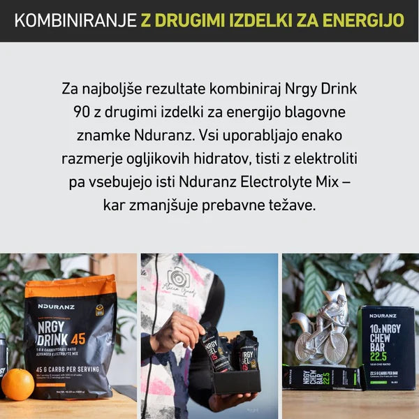 Advertisement for Nduranz energy drinks and bars with text in Slovenian.