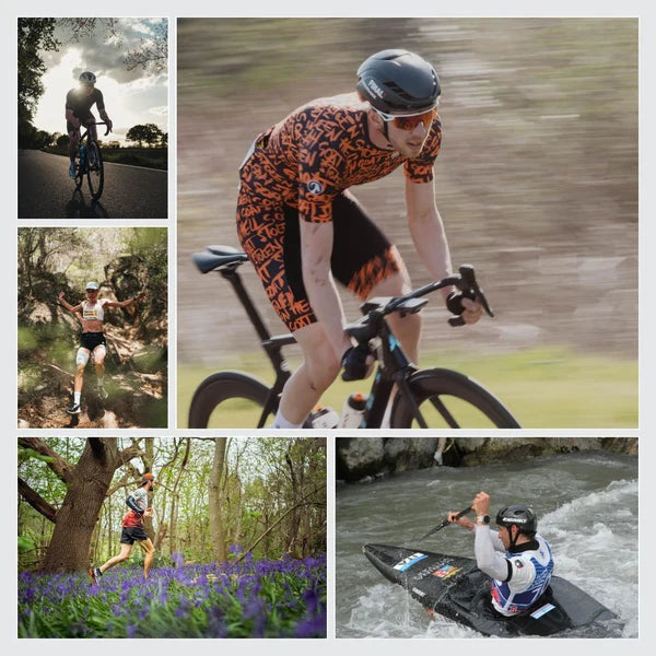 Collage of a person cycling, running, and kayaking in outdoor settings.