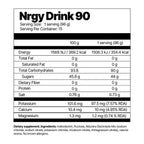 Nutritional label for Nrgy Drink 90 showing energy, fat, carbohydrate, and other nutritional details.