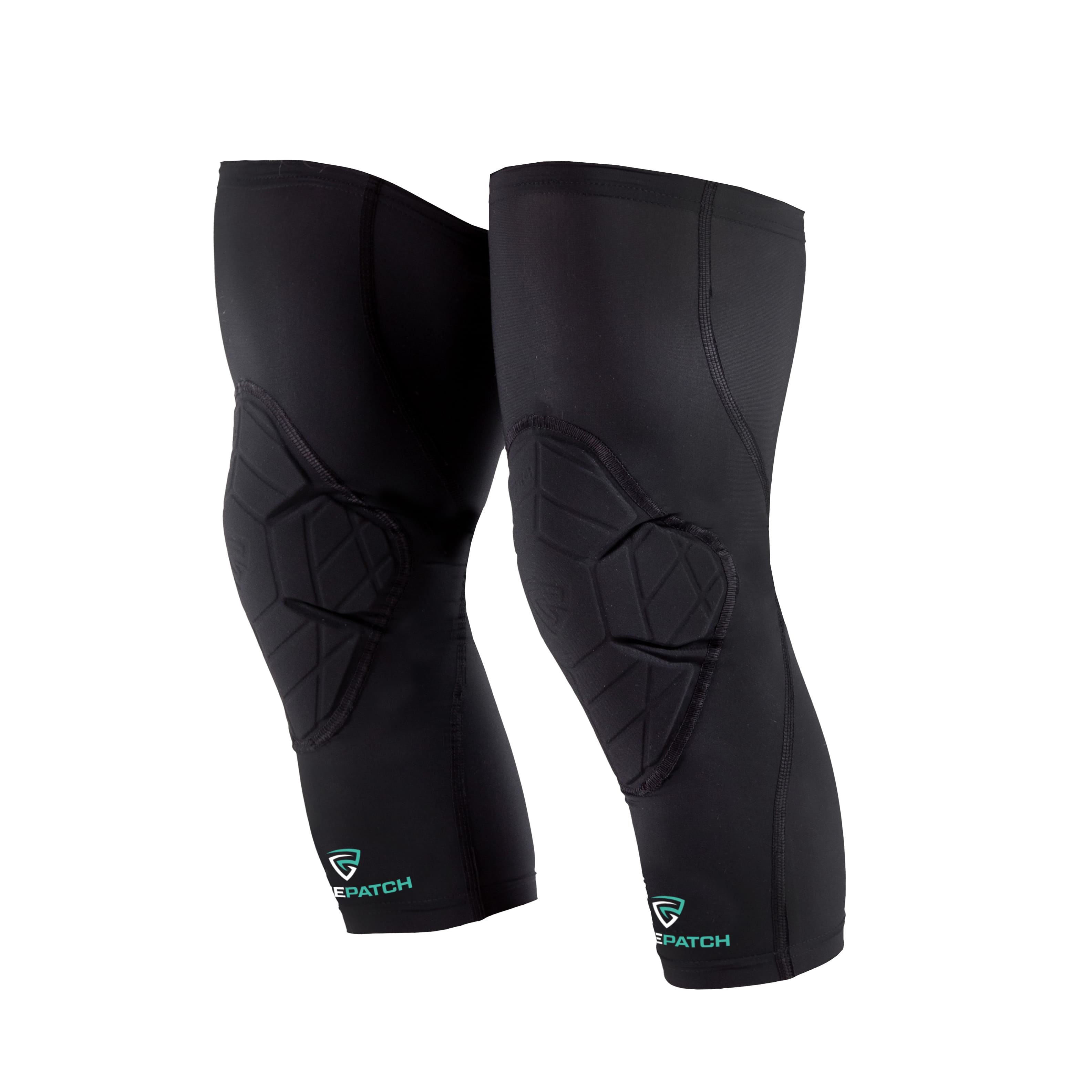 Black knee pads with brand logo on a white background
