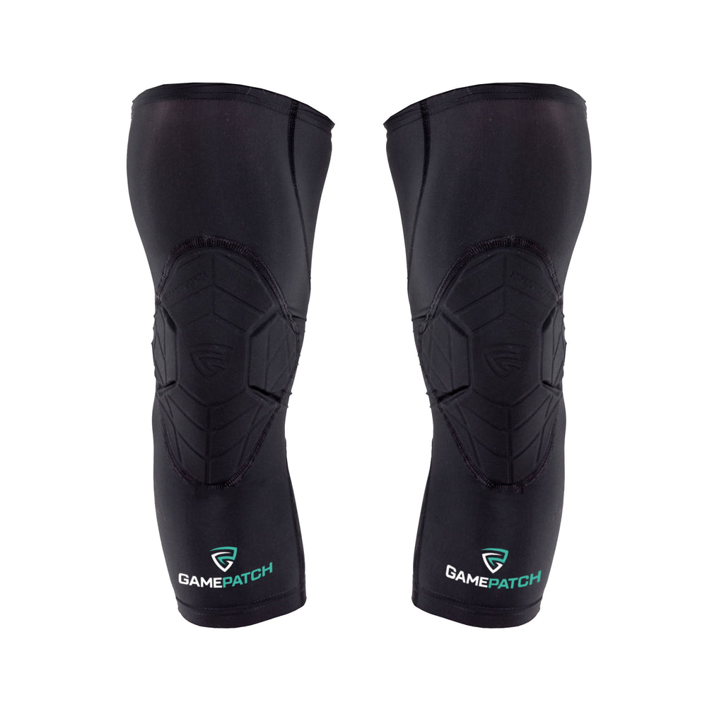Pair of black knee pads with Gamepatch logo on a white background