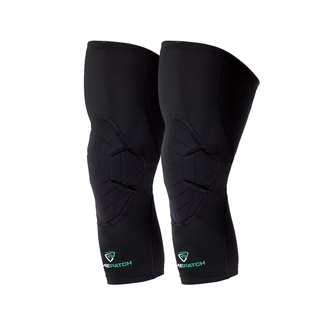 Black knee pads with a brand logo on a white background