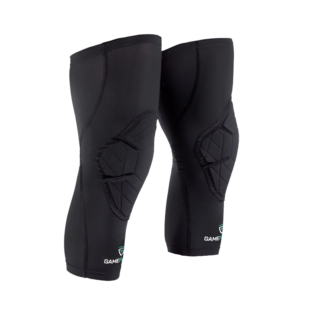 Pair of black knee pads with a brand logo on a white background
