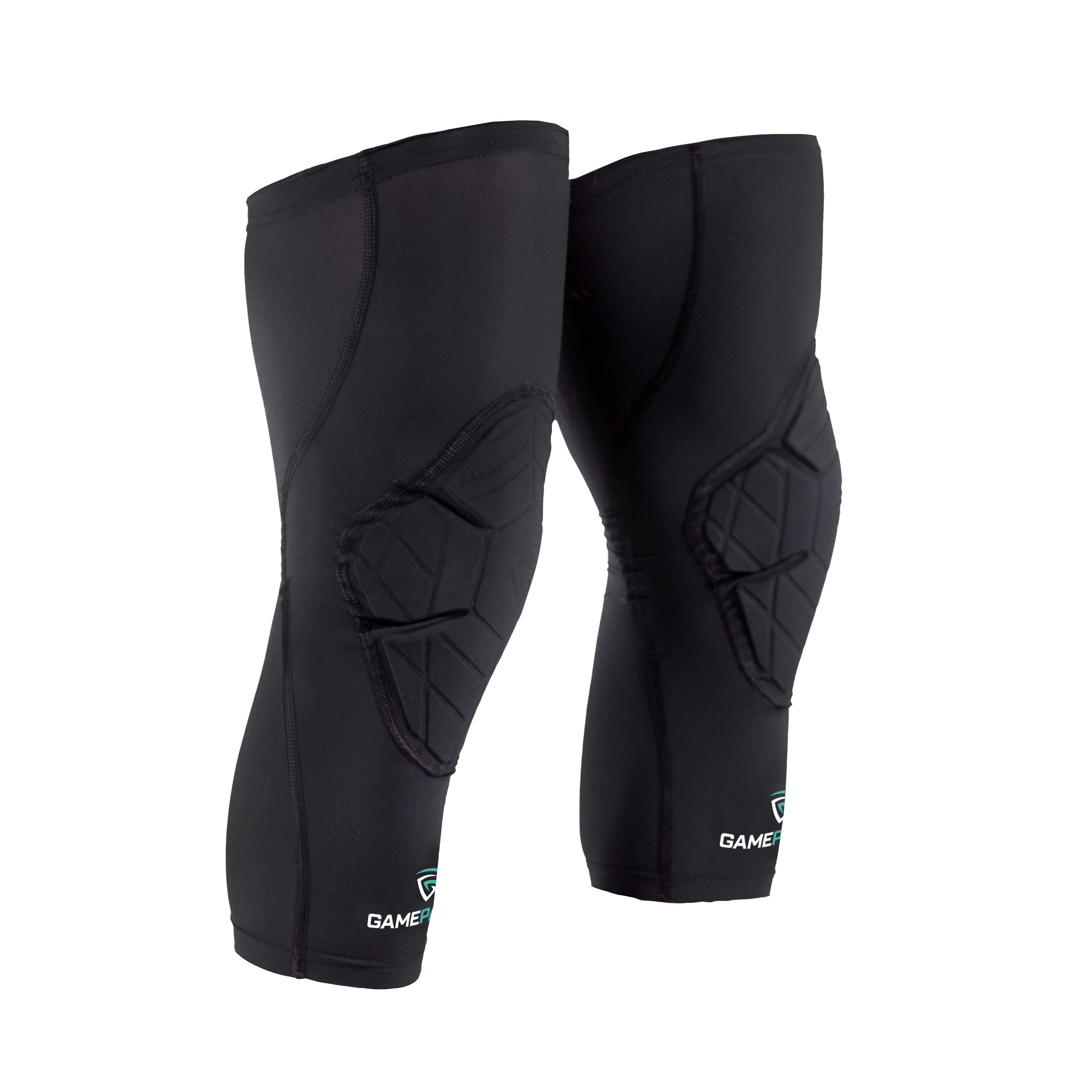 Pair of black knee pads with a brand logo on a white background