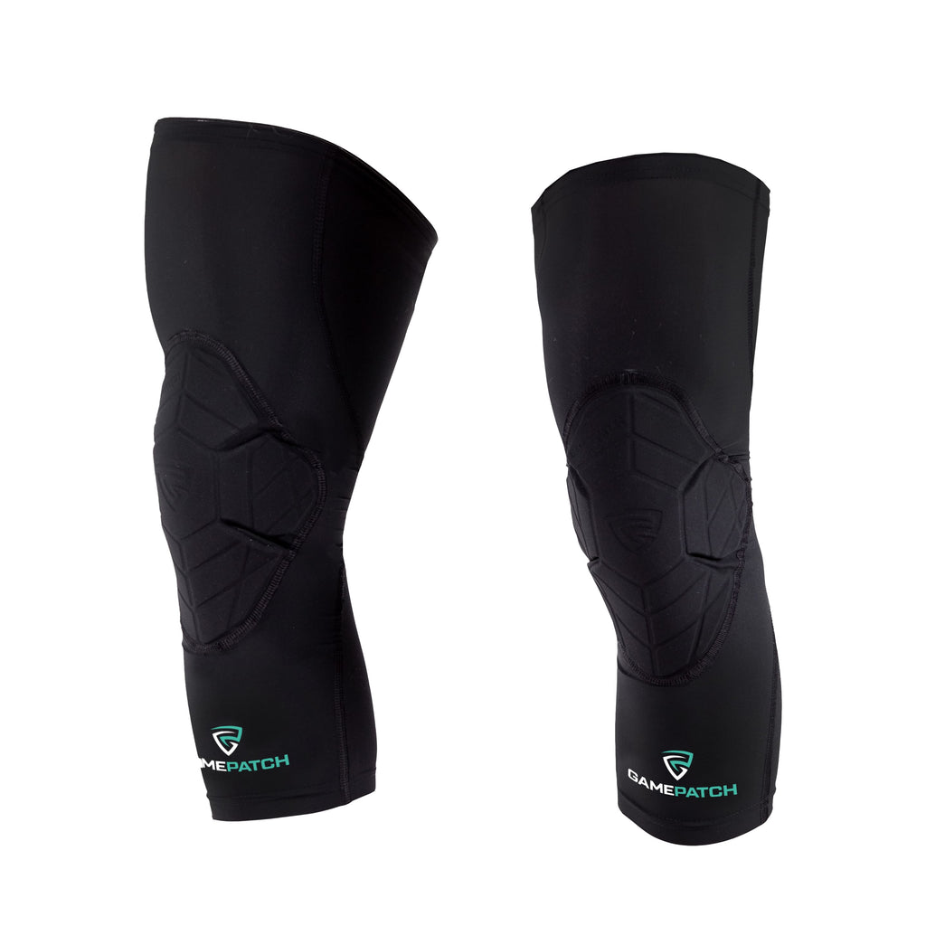 Pair of black knee pads with GamePatch logo on a white background