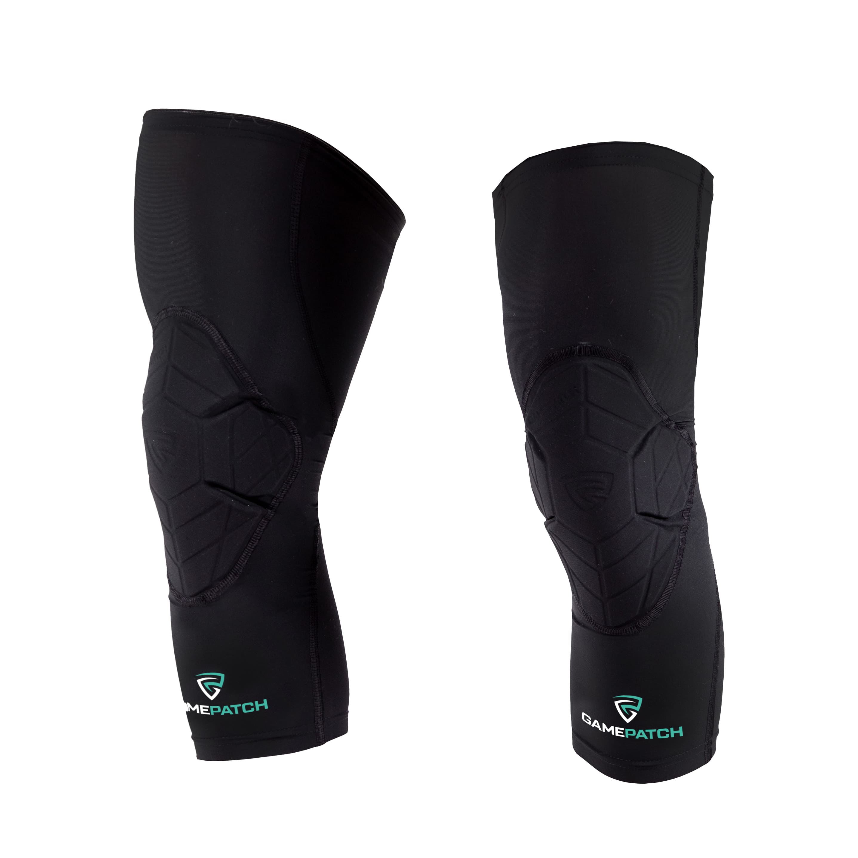 Pair of black knee pads with GamePatch logo on a white background