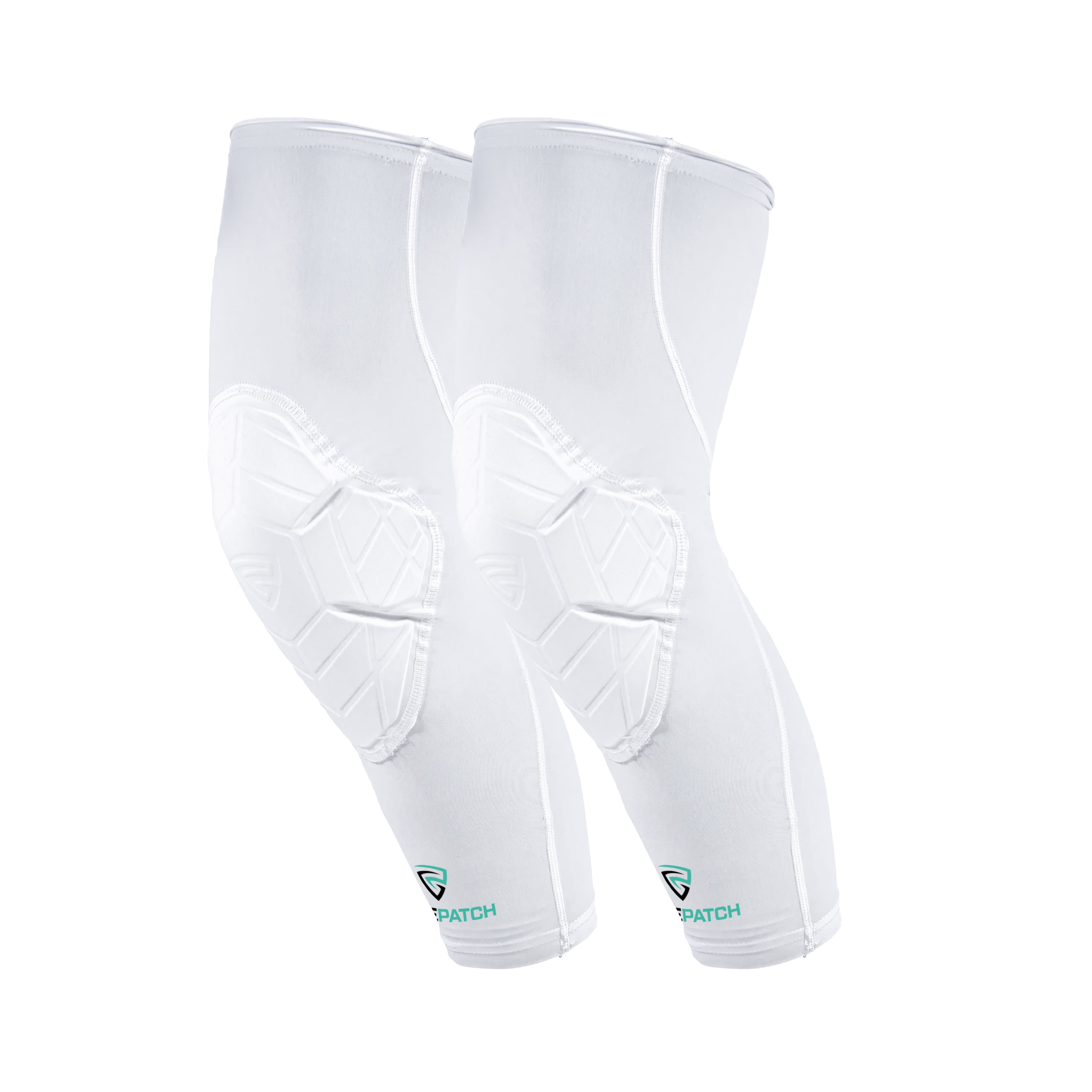 White knee pads with a brand logo on a white background