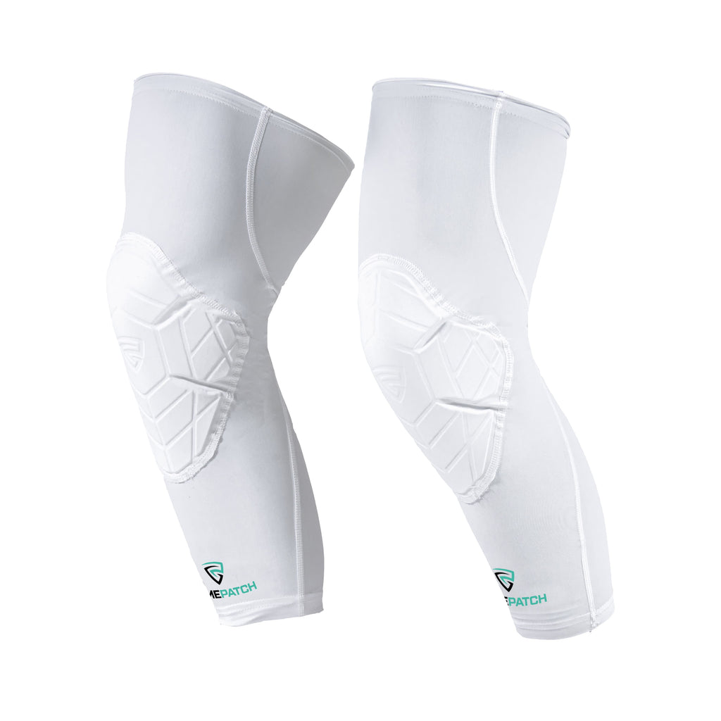 Pair of white knee pads with a brand logo on a white background