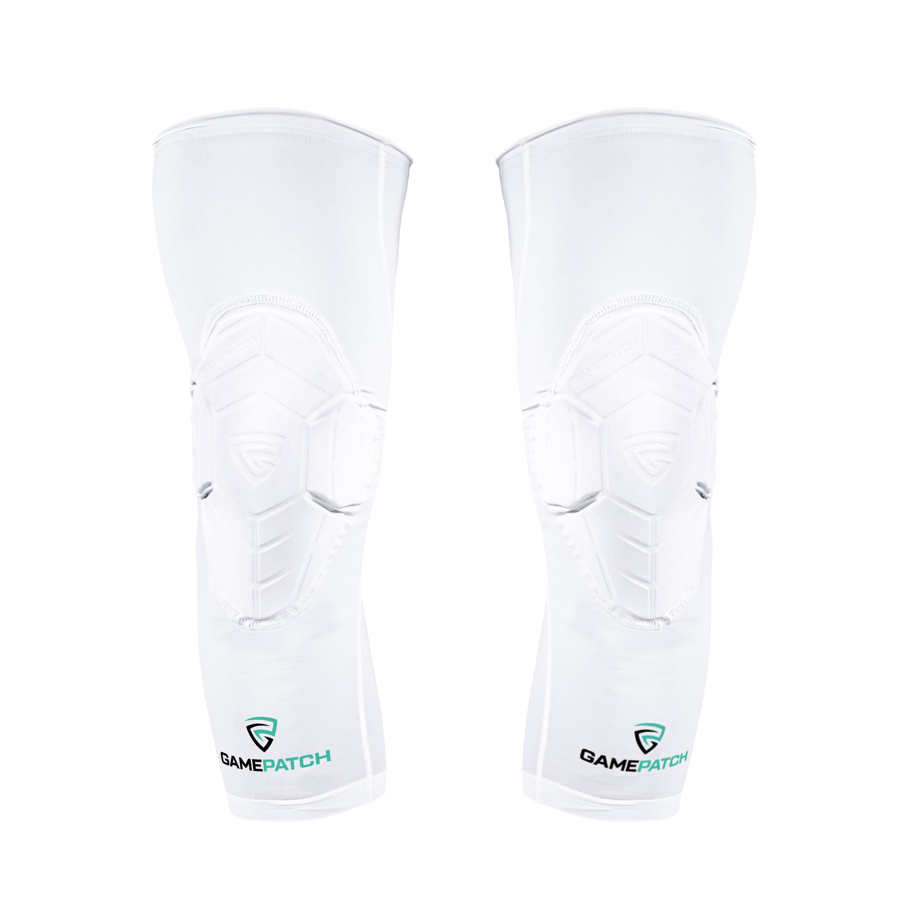 Pair of white knee pads with Gameatch logo on a white background