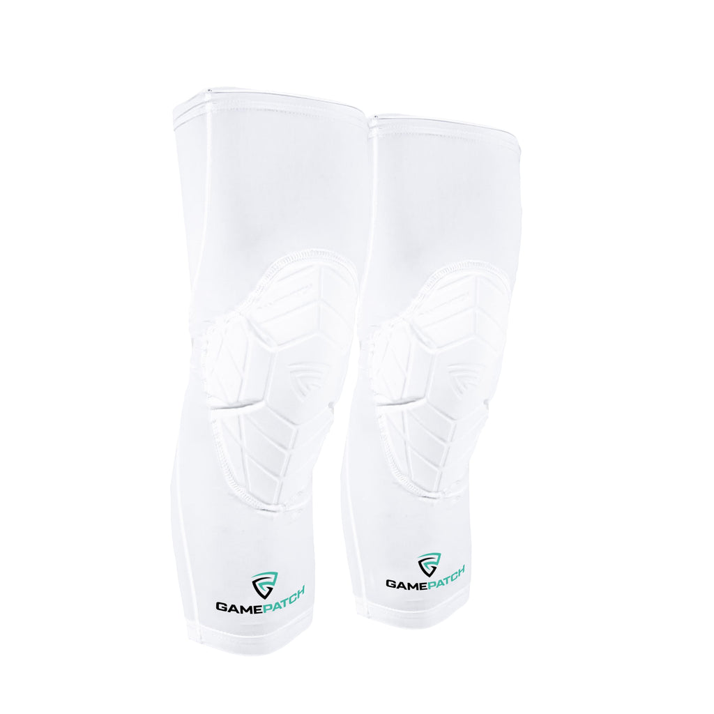 White knee pads with Gamepatch logo on a white background