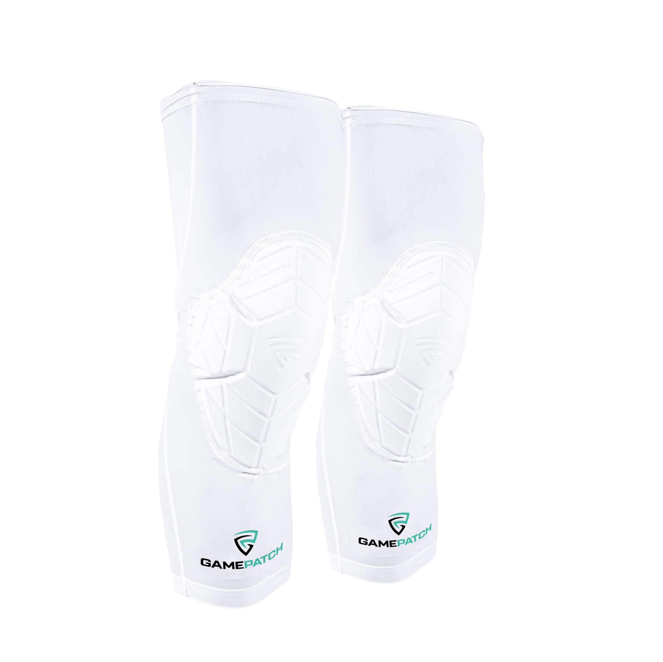 White knee pads with Gamepatch logo on a white background