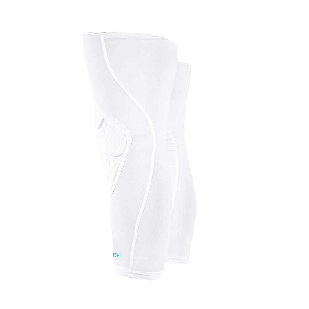 White pair of knee pads with a small logo on a white background