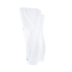 White pair of knee pads with a small logo on a white background