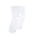 White pair of knee pads with a brand logo on a white background