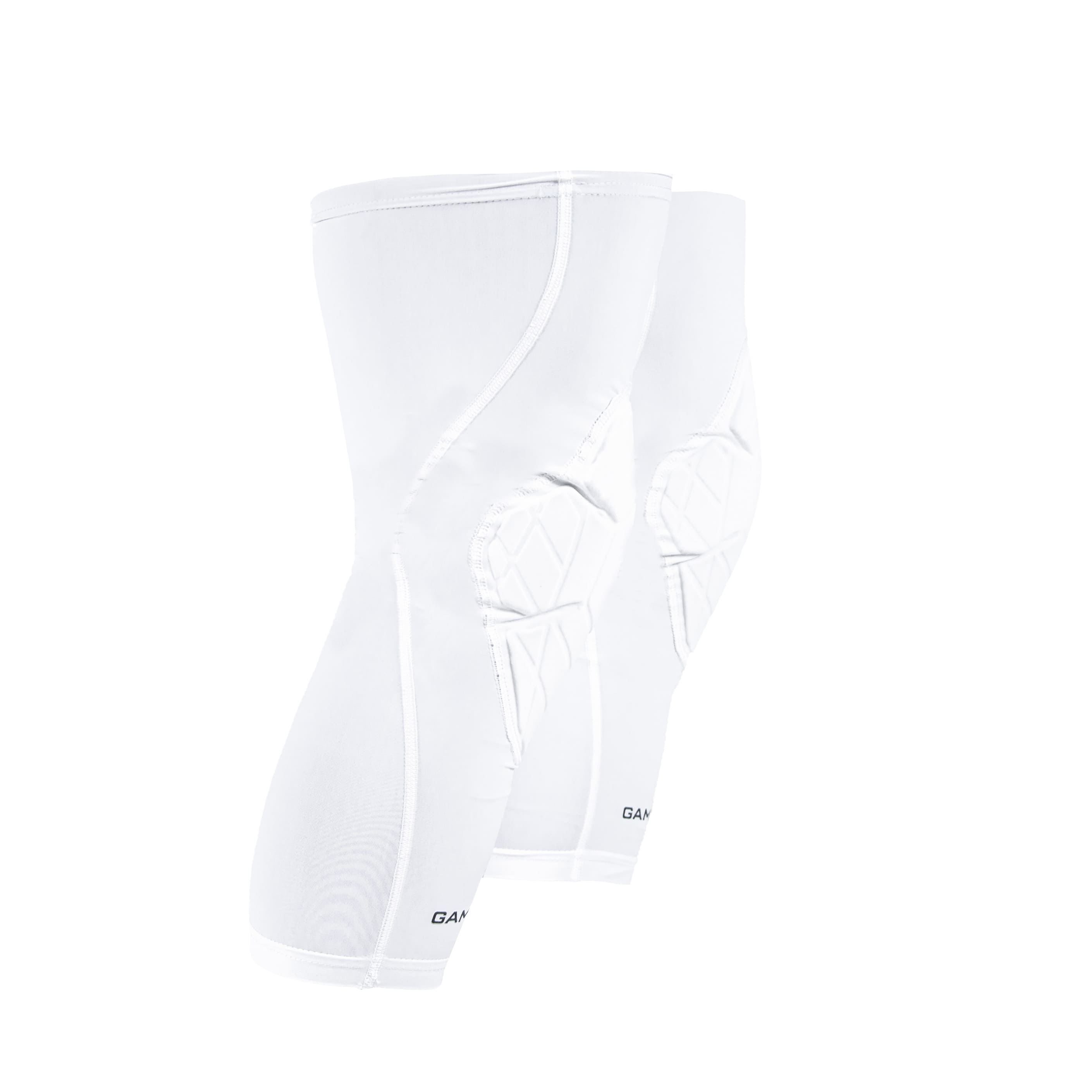 White pair of knee pads with a brand logo on a white background
