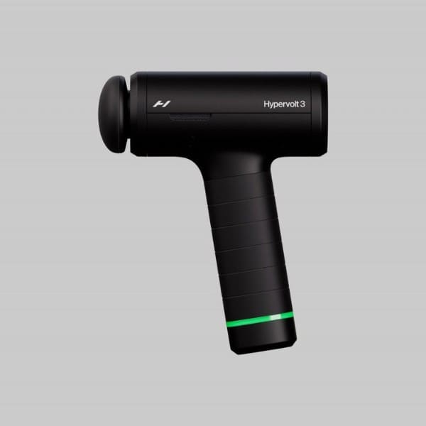 Black Hyperice Hypervolt 3 massage gun on a gray background