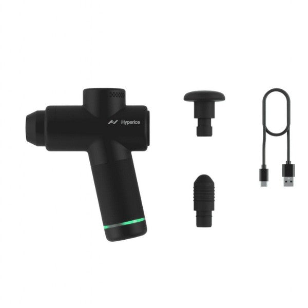 Black massage gun with attachments and USB cable on a white background