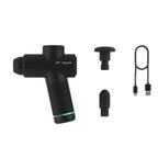 Black massage gun with attachments and USB cable on a white background